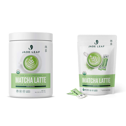 Jade Leaf Matcha Latte Mix Bundle - 1kg Canister + 10ct Stick Packs - Cafe Style Sweetened Blend - Sweet Matcha Green Tea Powder