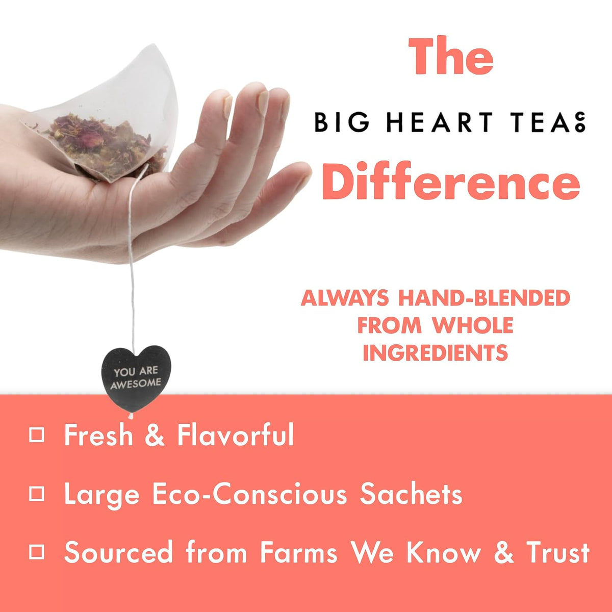 Big Heart Tea Co. Tea Bags - Cup of Love Red Rose - Certified Organic, Floral Ayurvedic Herbal Decaf Tea in Zero Plastic Sachets with Small Batch Ground Herbs, Adaptogenic Tulsi, 10 Tea Bags
