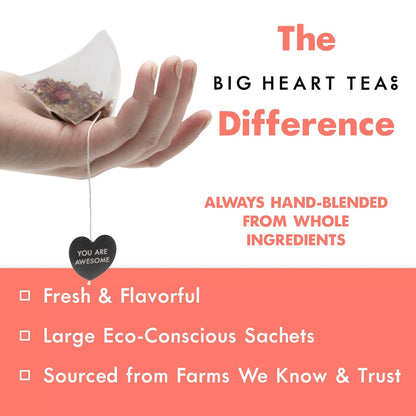 Big Heart Tea Co. Tea Bags - Cup of Love Red Rose - Certified Organic, Floral Ayurvedic Herbal Decaf Tea in Zero Plastic Sachets with Small Batch Ground Herbs, Adaptogenic Tulsi, 10 Tea Bags