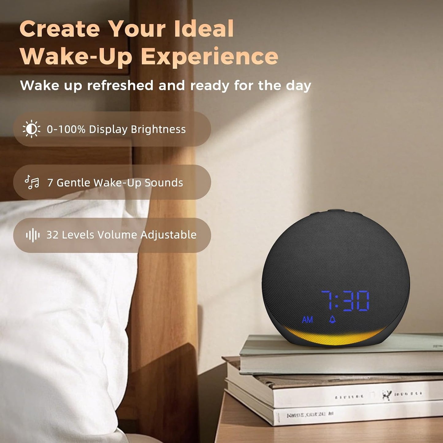Sound Machine Alarm Clock for Bedroom: 25 Natural Sleep Sounds - White Noise Machine for Adults Kids Baby - Gentle Wake Up Alarm with Bluetooth Speaker - Putty