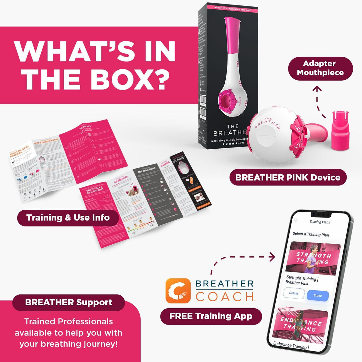 The Breather Pink | Easy Lung Training for Better Breathing & Enhance Your Wellness | Guided Coaching App Included