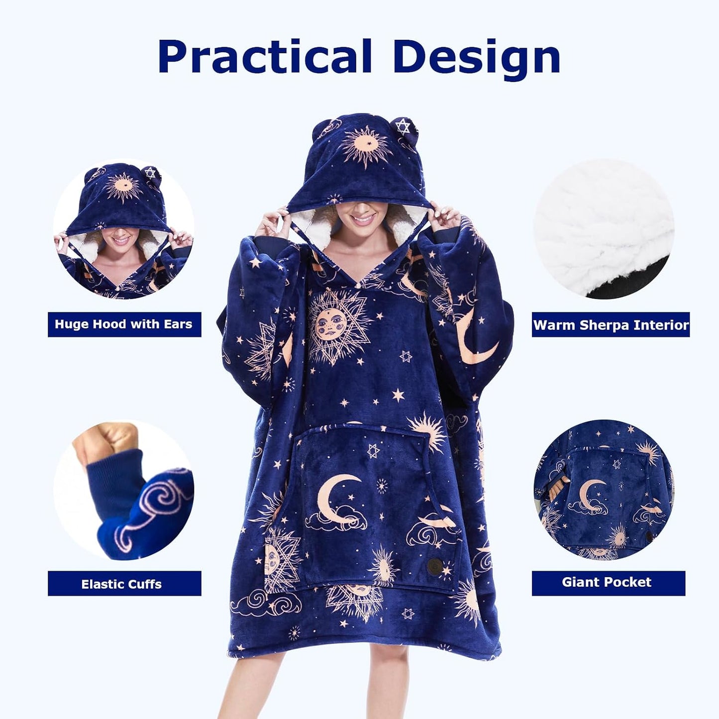 THREE POODLE Wearable Blanket Hoodie for Women, Oversized Sherpa Sweatshirt Blanket for Adults Men, Cozy Hooded Blankets, Gifts for Teen Girls Women Mom Sister