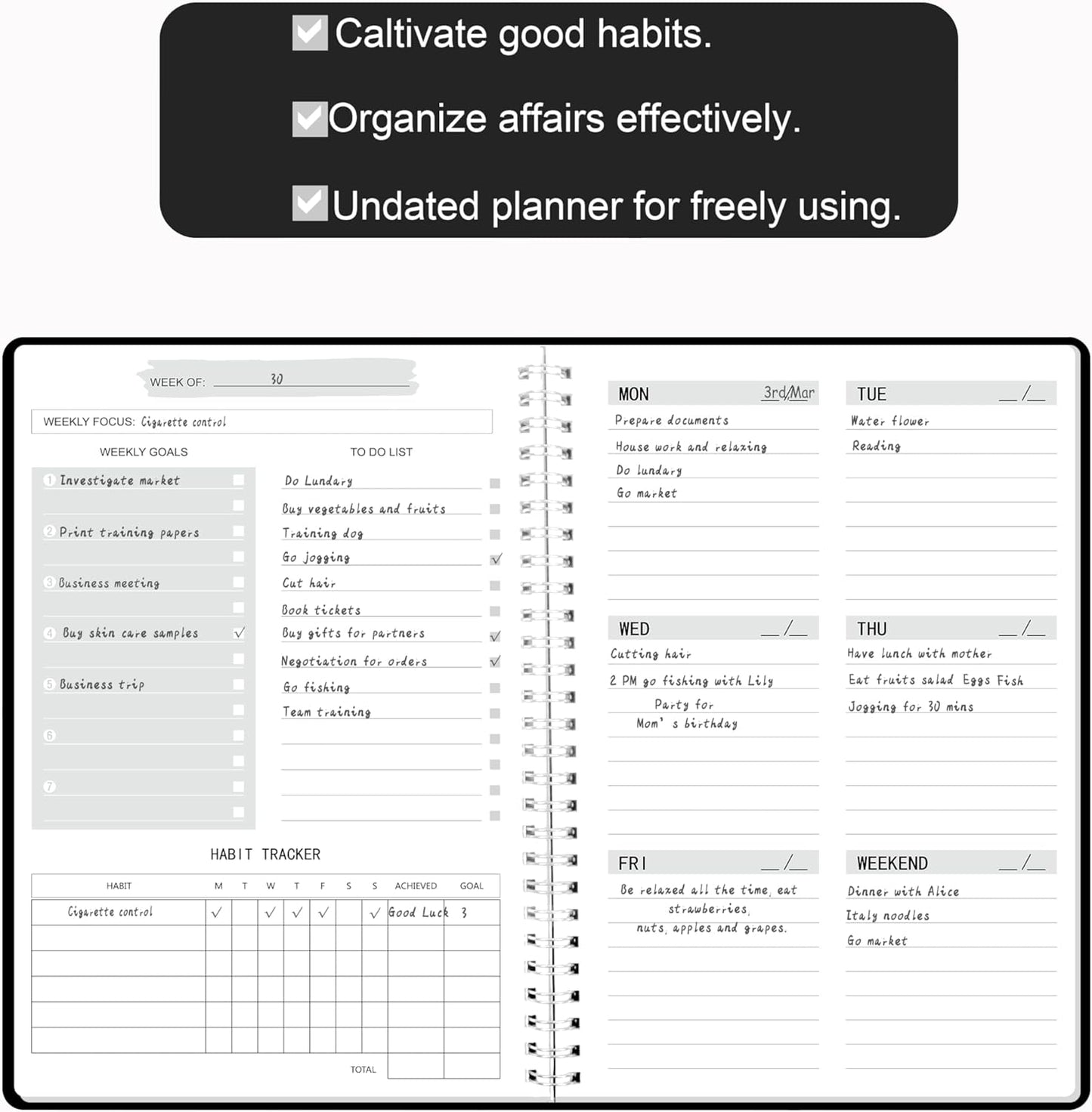 Undated Weekly Planner With Habit Tracker & To Do List 5.7 x 8.0 inch | Avoid Unfocused Busywork,Productivity Organizer,No-Bleed Thick Pages,Portable Size,Lay-Flat Spiral for Hands Free