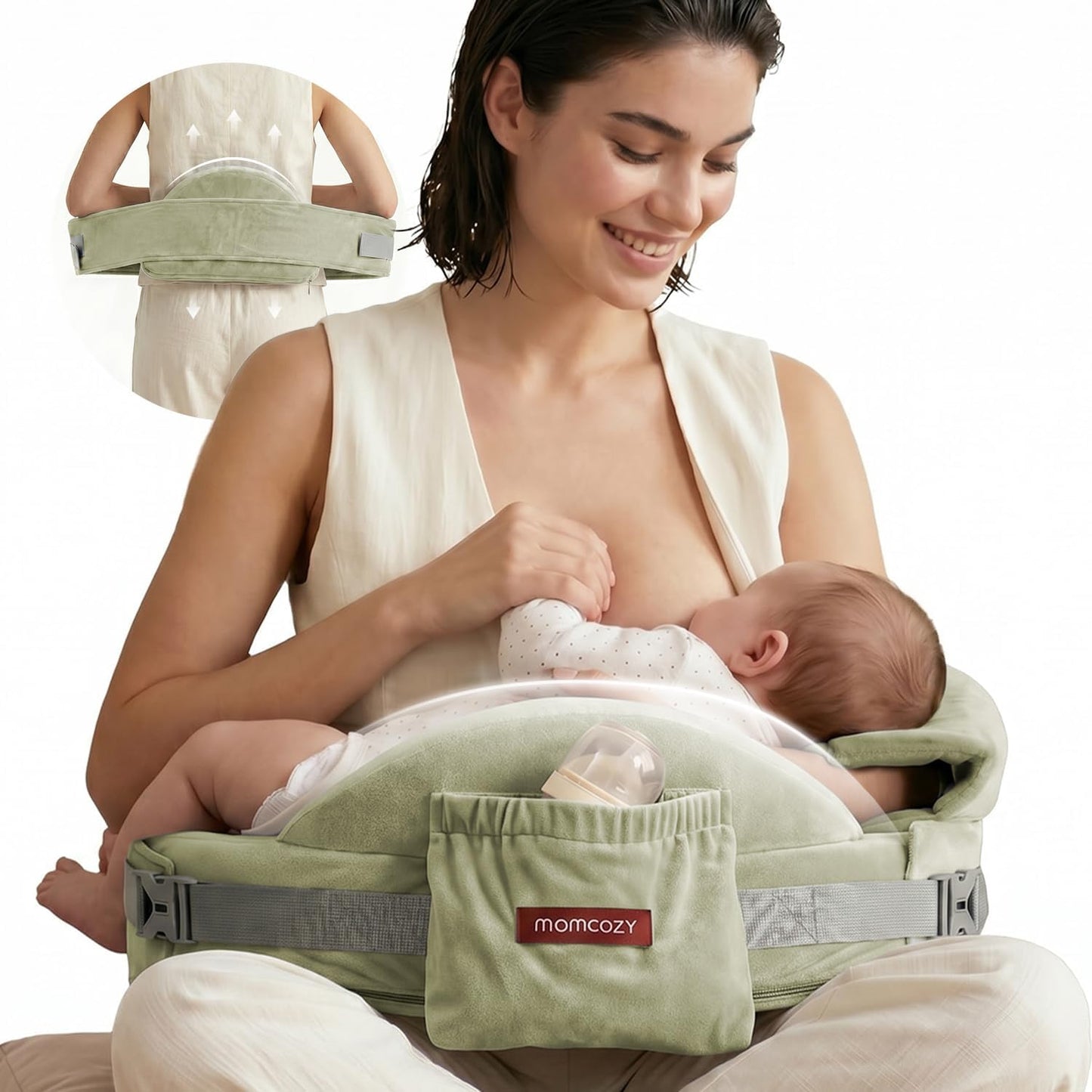 Momcozy CozyPro Nursing Pillow - All Around Lumbar & Arm Support - Safety Guard, Firm & Springy Memory Foam-Stable, Ergonomic Support, Easier Breastfeeding, Wider Cushion, Adjustable, Removable Cover