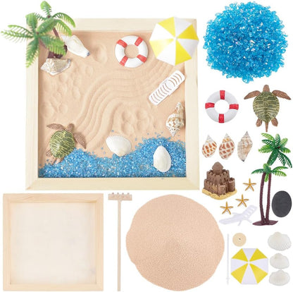 WEBEEDY Beach Zen Garden Kit for Office,Desktop Mini Zen Garden with Sand Artificial Tree Rocks & Accessories,Sand Gardens DIY Kit Meditation Decoration Gifts for Women Men,Square(6x6/15x15cm)