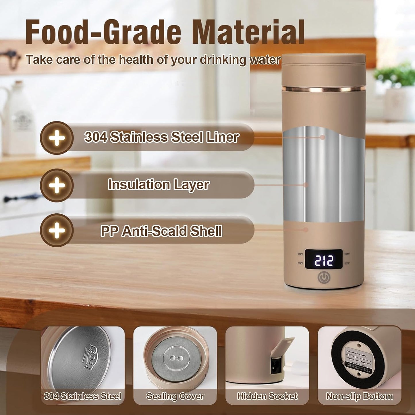 Travel Electric Kettle Portable Mini Kettle,Small Hot Water Boiler with 4 Temperature Settings,304 Stainless Steel,Fast Boiling Water with Auto Shut-Off and Boil Dry Protection,400ml (Beige, 400ML)