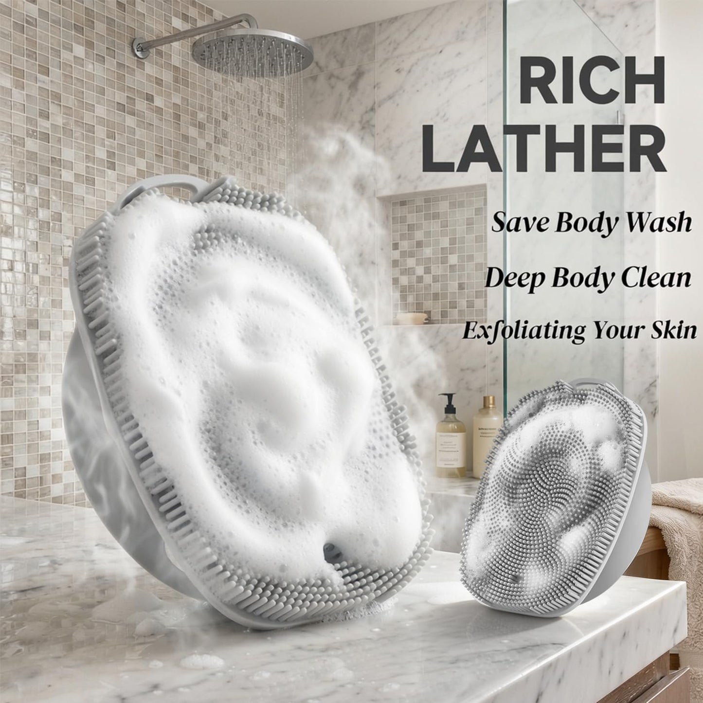 Soft Silicone Body Scrubber, Face Scrubber Silicone, Gentle Texture Exfoliating Body Scrubber for Men and Women On Sensitive Skin, Back Large Suction Cup for Easy Dry and Store (Blue)