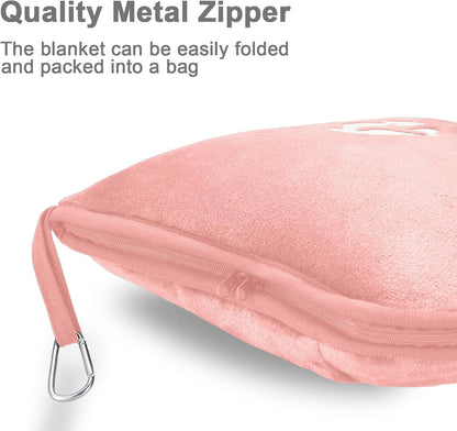 Travel Blanket and Pillow Compact, Premium Soft 2 in 1 Airplane Blanket with Soft Bag Pillowcase，Hand Luggage Sleeve and Backpack Clip (Checkered Black)