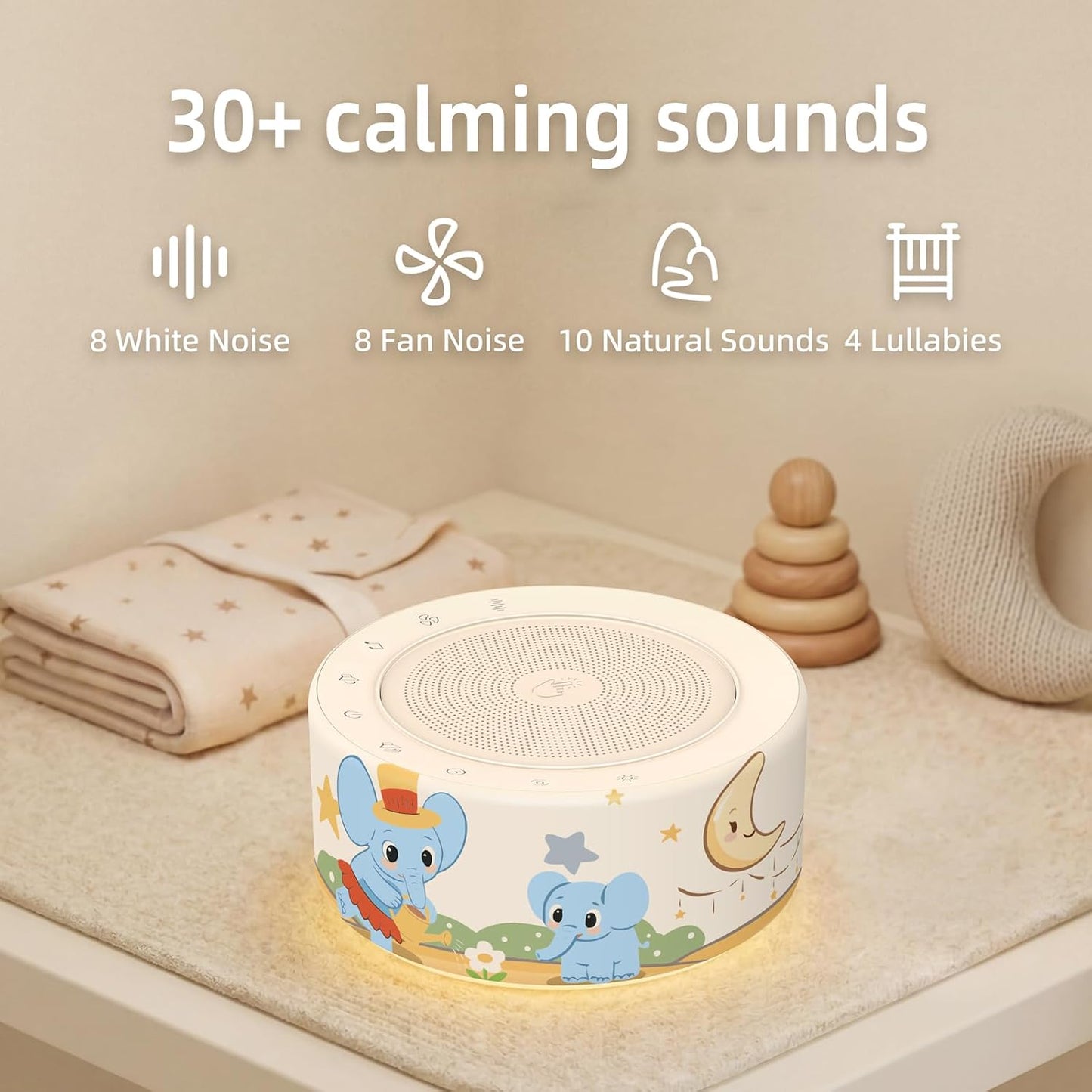 Kipcush White Noise Machine for Baby & Adults, 30 Soothing Sounds, Soft Non-Glare Nursery Lamp, 8 Color Night Lights, Memory Function (Angel V1 White, Standard)