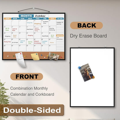 Monthly Calendar Dry Erase Board 16x12 Inch, Double-Sided Whiteboard and Corkboard Combo, Wall Mounted Planner Organizer with Markers, Magnets, Push Pins, Eraser, for Home Office School