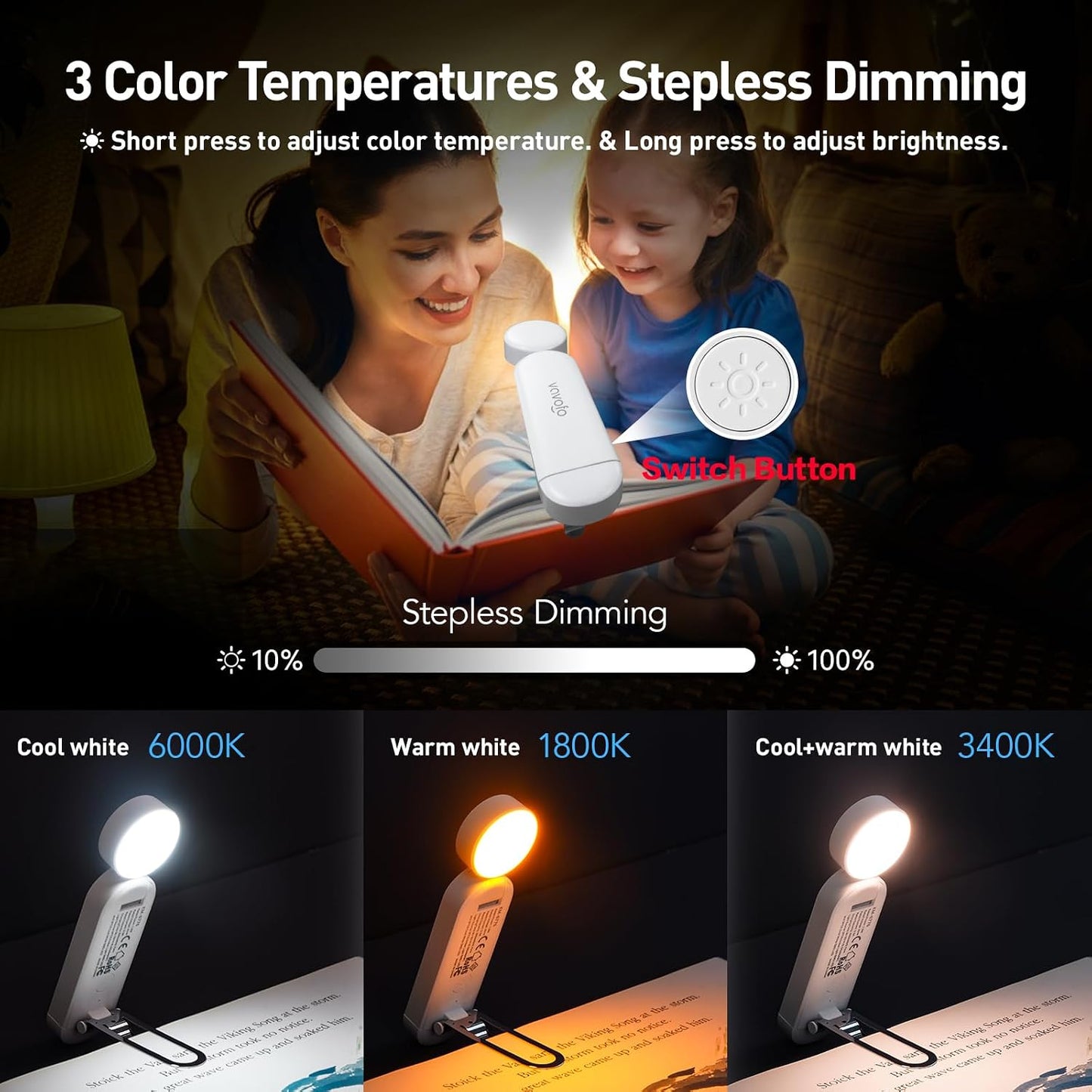 VAVOFO USB Rechargeable Book Light, Blue Light Blocking, Amber Clip-On Bookmark Shaped Reading Light, Eye Care 6 LEDs With 9 Lighting Modes for Bookworms (Grey)