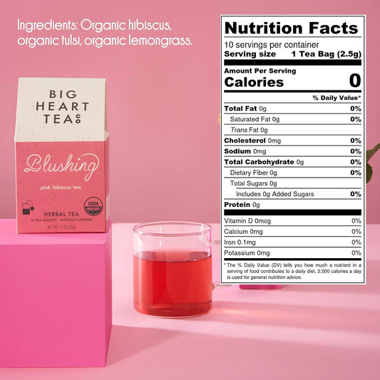 Big Heart Tea Co. Tea Bags - Blushing Pink Hibiscus - Certified Organic, Naturally Sweet Ayurvedic Herbal Decaf Tea with Small Batch Ground Herbs - Adaptogenic Tulsi and Lemongrass, 10 Tea Bags