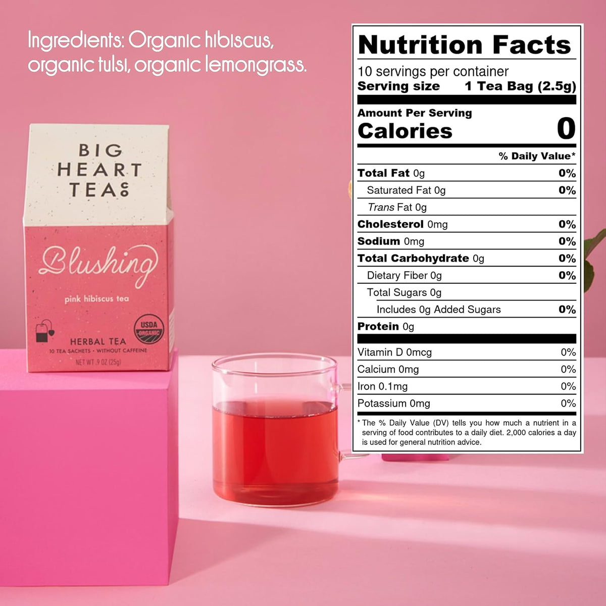 Big Heart Tea Co. Tea Bags - Blushing Pink Hibiscus - Certified Organic, Naturally Sweet Ayurvedic Herbal Decaf Tea with Small Batch Ground Herbs - Adaptogenic Tulsi and Lemongrass, 50 Pack