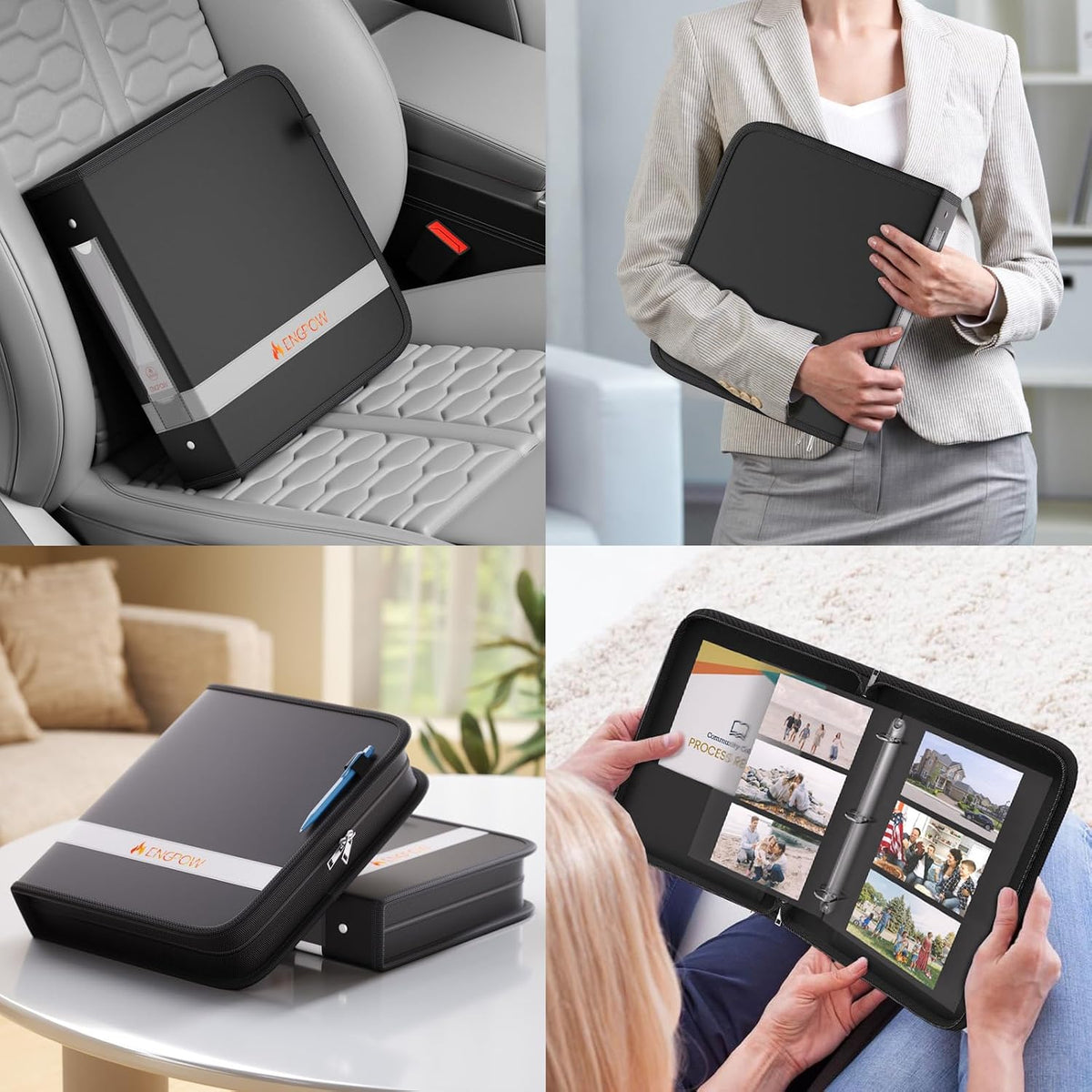 ENGPOW 3 Ring Binder,Fireproof 3 Inch D Ring Binder with Zipper,Holds 750 Sheets,Non-Stick,PVC-Free,Compatible with Clear Sheet Protectors,Portable School Office Home Safe Storage for Paper,Black