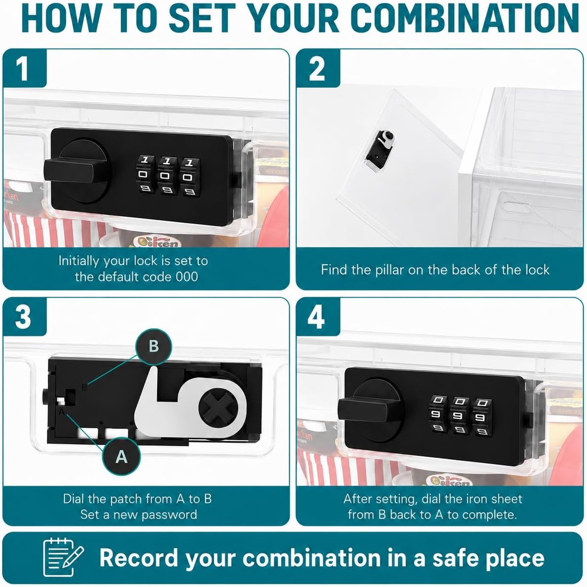 2 Pack Large Medication Lock Box with Code, Clear Lockable Storage Box for Refrigerator, Cabinet & Dorm, Stackable Medicine Box for Prescriptions, Snacks, Phone, 11.9" x 9.3" x 7.6", Black