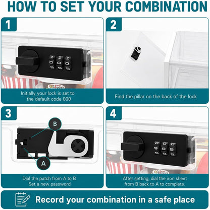 2 Pack Large Medication Lock Box with Code, Clear Lockable Storage Box for Refrigerator, Cabinet & Dorm, Stackable Medicine Box for Prescriptions, Snacks, Phone, 11.9" x 9.3" x 7.6", Black