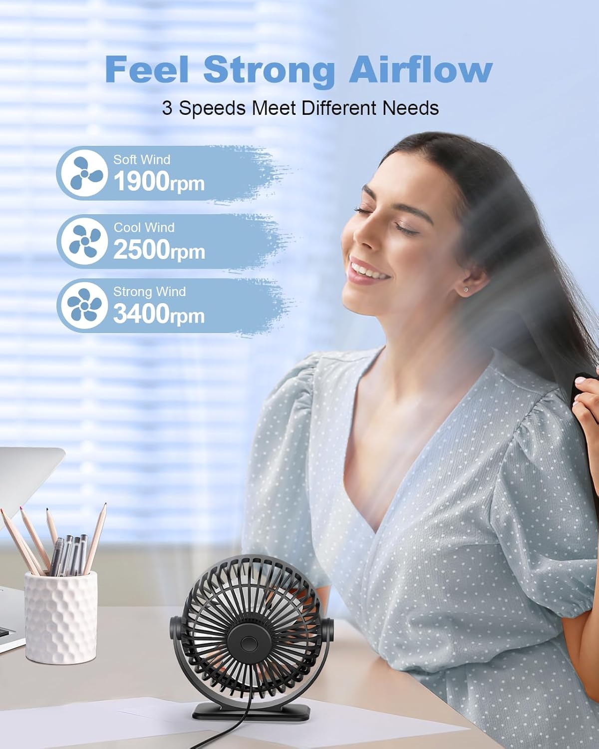TriPole Desk Fan USB Powered Small Portable Fan, 3 Speeds Adjustable Strong Breeze Mini Personal Fans, 360° Rotation Quiet Plug In USB Fans for Desktop Bedroom Office Table Travel, Black, 4.9ft Cable