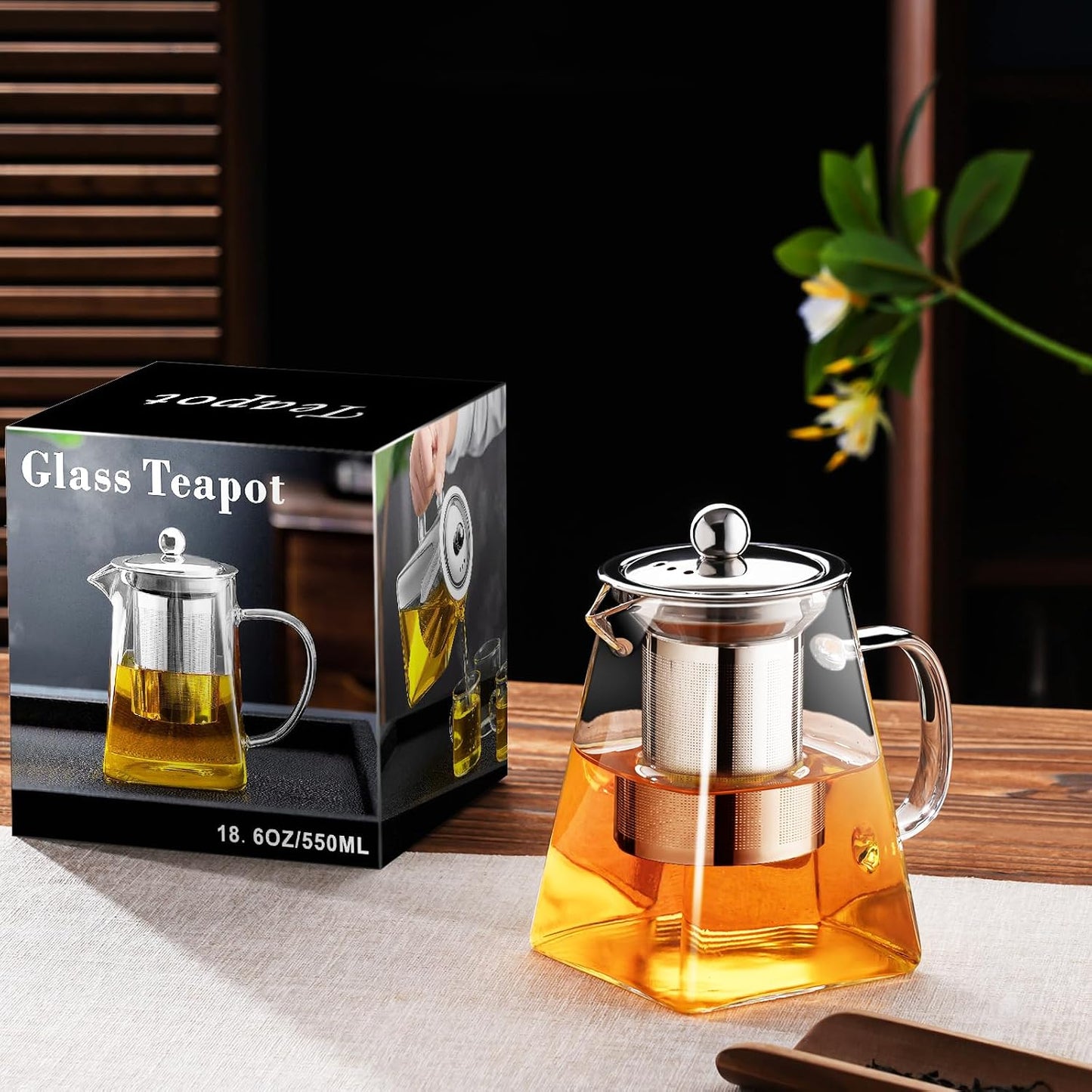 PARACITY Glass Teapot Stovetop 18.6 OZ, Borosilicate Clear Tea Kettle with Removable 18/8 Stainless Steel Infuser, Teapot Blooming and Loose Leaf Tea Maker Tea Brewer for Camping, Travel (550ML)