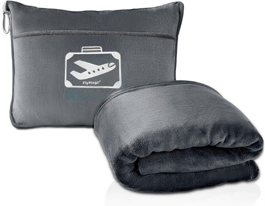 FlyHugz Grey Travel Blanket & Pillow Set (59.1"x47.2") with Carry Case