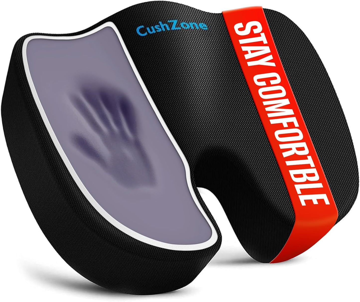 CushZone Seat Cushion - Memory Foam Office Chair Cushion for Sciatica, Tailbone & Back Pain Relief - Orthopedic Coccyx Pillow for Car, Airplane, Pregnancy & Long Sitting at Work, Black