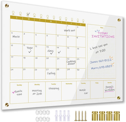 Black Glass 3-1 Monthly Dry Erase Calendar Whiteboard for Wall,24"x 36",Frameless Mounting,Office/School/Home, Frameless Large Planner White Board