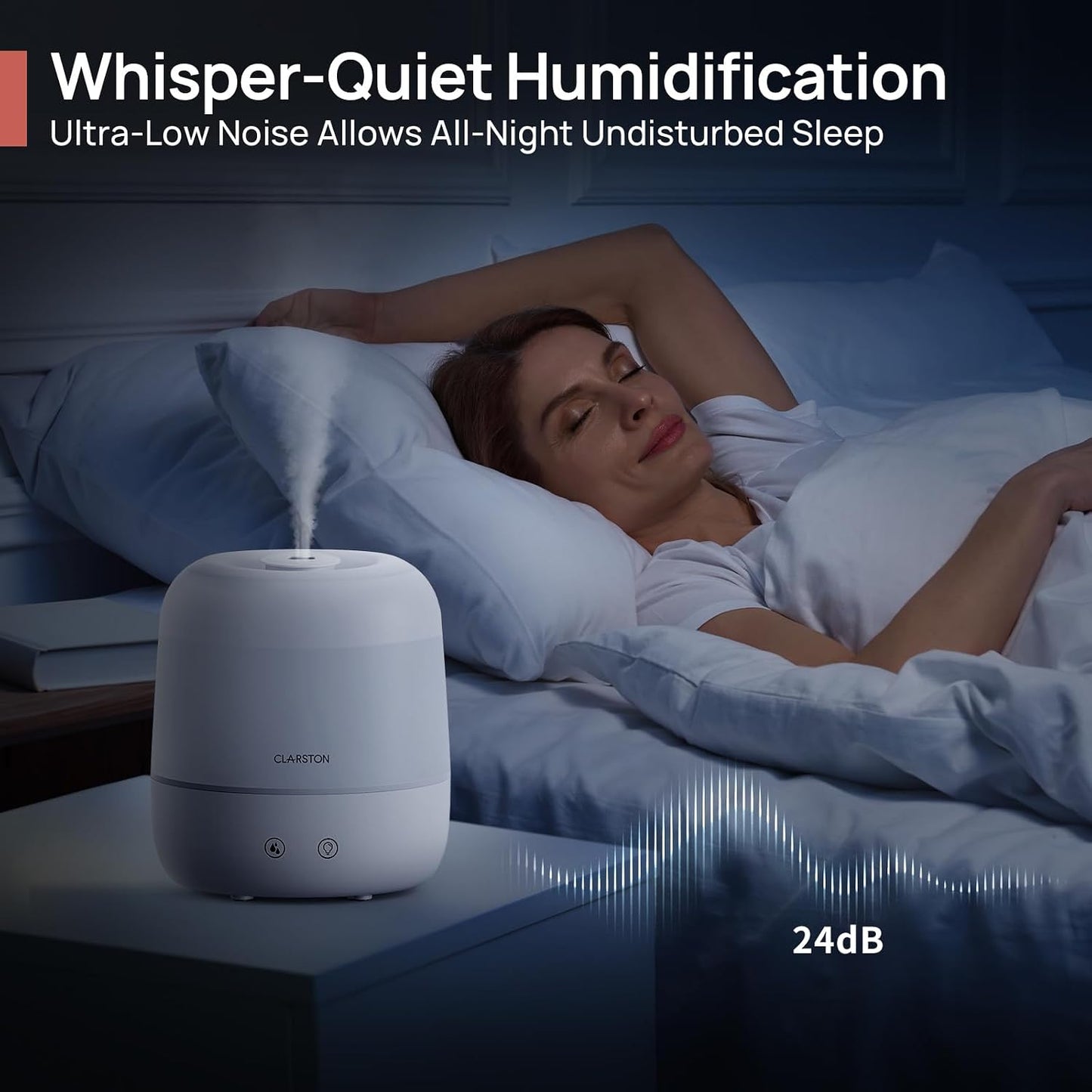 Clarston 2L Cool Mist Humidifier for Bedroom with 360° Adjustable Nozzle, High and Low Mist Levels, Ultra-Low Noise, Light-Off, No BPA, Auto Shut Off, Ideal Baby Humidifier with Easy Top Filling