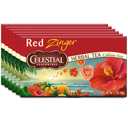 Celestial Seasonings Hibiscus Tea, Red Zinger Herbal Tea, Caffeine Free, 20 Tea Bags (Pack of 6)