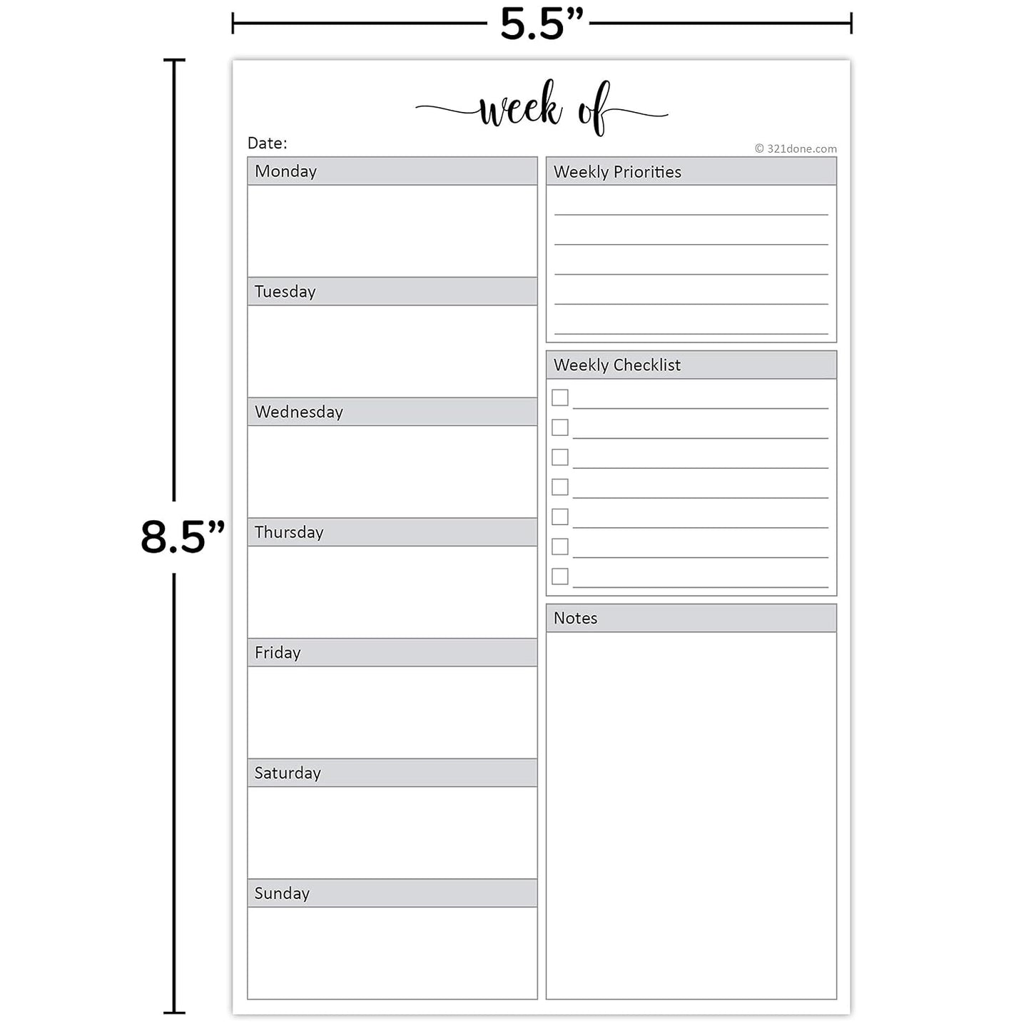 321Done Weekly Planning Notepad, 5.5x8.5 Size Pad - 50 Tear-Off Sheets, Undated Monday-Sunday Schedule, Daily Task Checklist And Prioriteis Planner for Home, Office & School - Made in USA