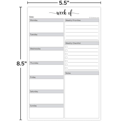 321Done Weekly Planning Notepad, 5.5x8.5 Size Pad - 50 Tear-Off Sheets, Undated Monday-Sunday Schedule, Daily Task Checklist And Prioriteis Planner for Home, Office & School - Made in USA