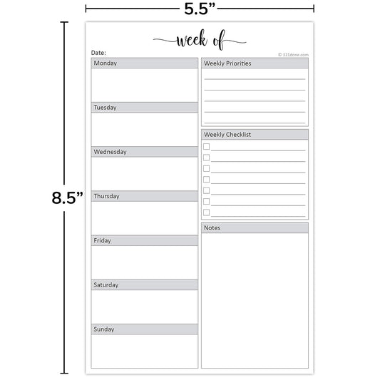 321Done Weekly Planning Notepad, 5.5x8.5 Size Pad - 50 Tear-Off Sheets, Undated Monday-Sunday Schedule, Daily Task Checklist And Prioriteis Planner for Home, Office & School - Made in USA