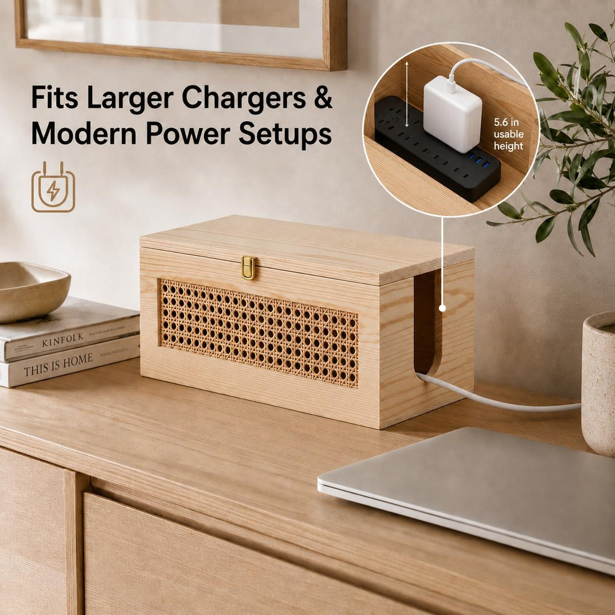 Wooden Cable Management Box - 15 x 6.5 x 6.3 in - Power Strip Organizer