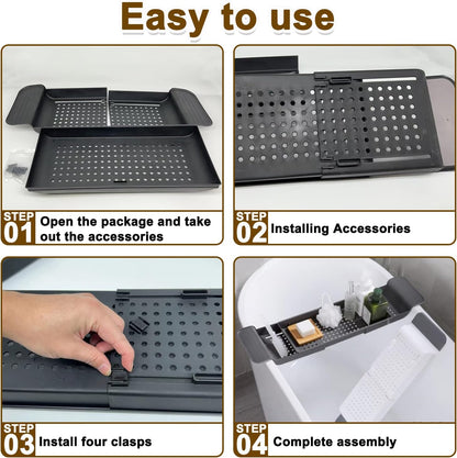 Expandable Drain Bath Shelf Caddy Tray, Multifunctional Plastic Bathtub Tray Bathroom Organizer Simple Stylish Bathtub Storage Rack for Candle Towel, Book, Wine, Phone, Shower