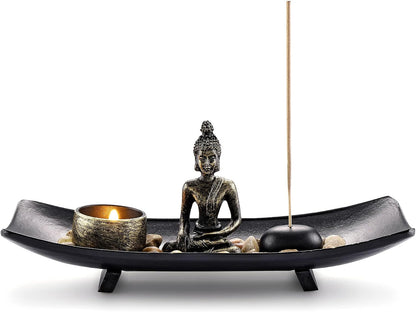 Jovivi Zen Garden Set Buddha Statue w/Tealight Candle Holder, Rocks & Incense Burner Holder & Wood Tray for Yoga Meditation Home Table Decor Gift