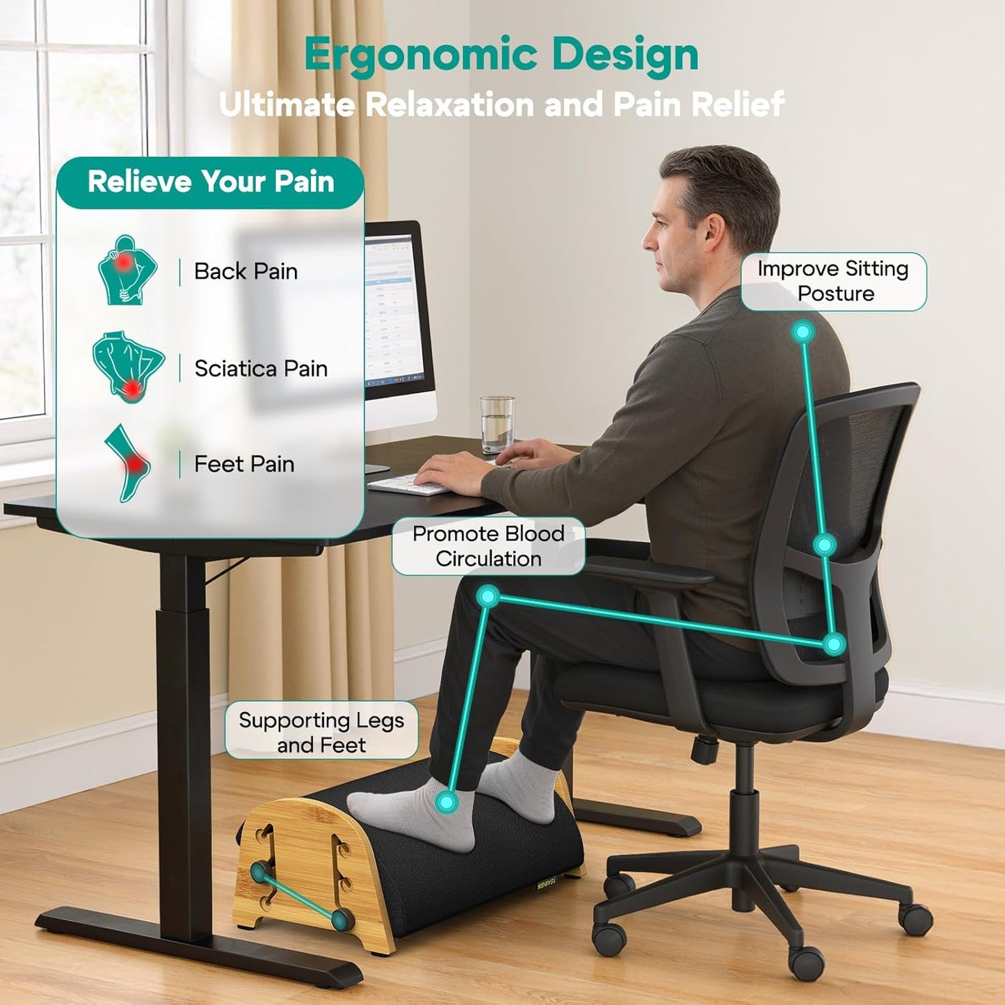 YEASHEIN Ergonomic Foot Rest Under Desk At Work, Bamboo Wood Adjustable Foot Stool Under Desk with 6 Positions, Office Footrests with Memory Foam, Leg Rest Used for Car, Home, PC Gaming Accessories