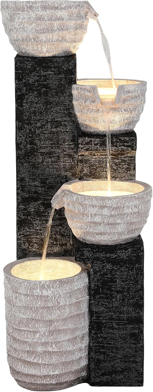 19.5" H 4-Tier Indoor & Outdoor Water Fountain with LED Lights | Resin Pebble Textured Tabletop Cascading Water Feature, Relaxing Decor for Patio, Porch, Deck, Yard & Home
