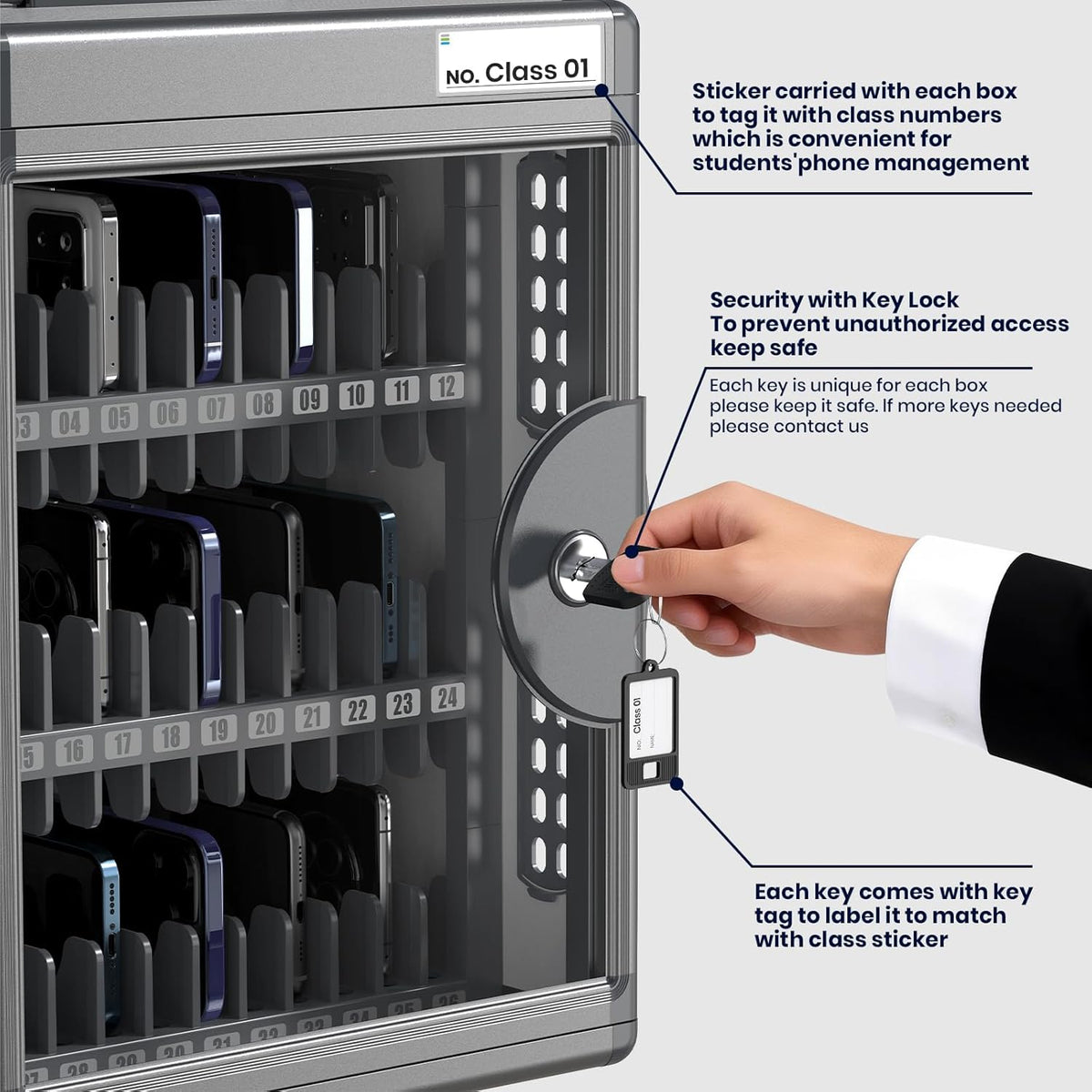 36 Slots Cell Phone Locker for Classroom with Key, Portable Mobile Phone Storage Box with Handle & Charging Hole, Phone Lock Box Wall Mounted for School (Black, 36 Slots)