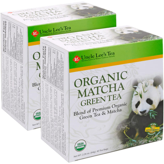 Uncle Lee's Organic Matcha Green Tea Bags 2-Pack, 40 Count Ea Box – Antioxidant-Rich, Low Caffeine, Naturally Energizing Blend