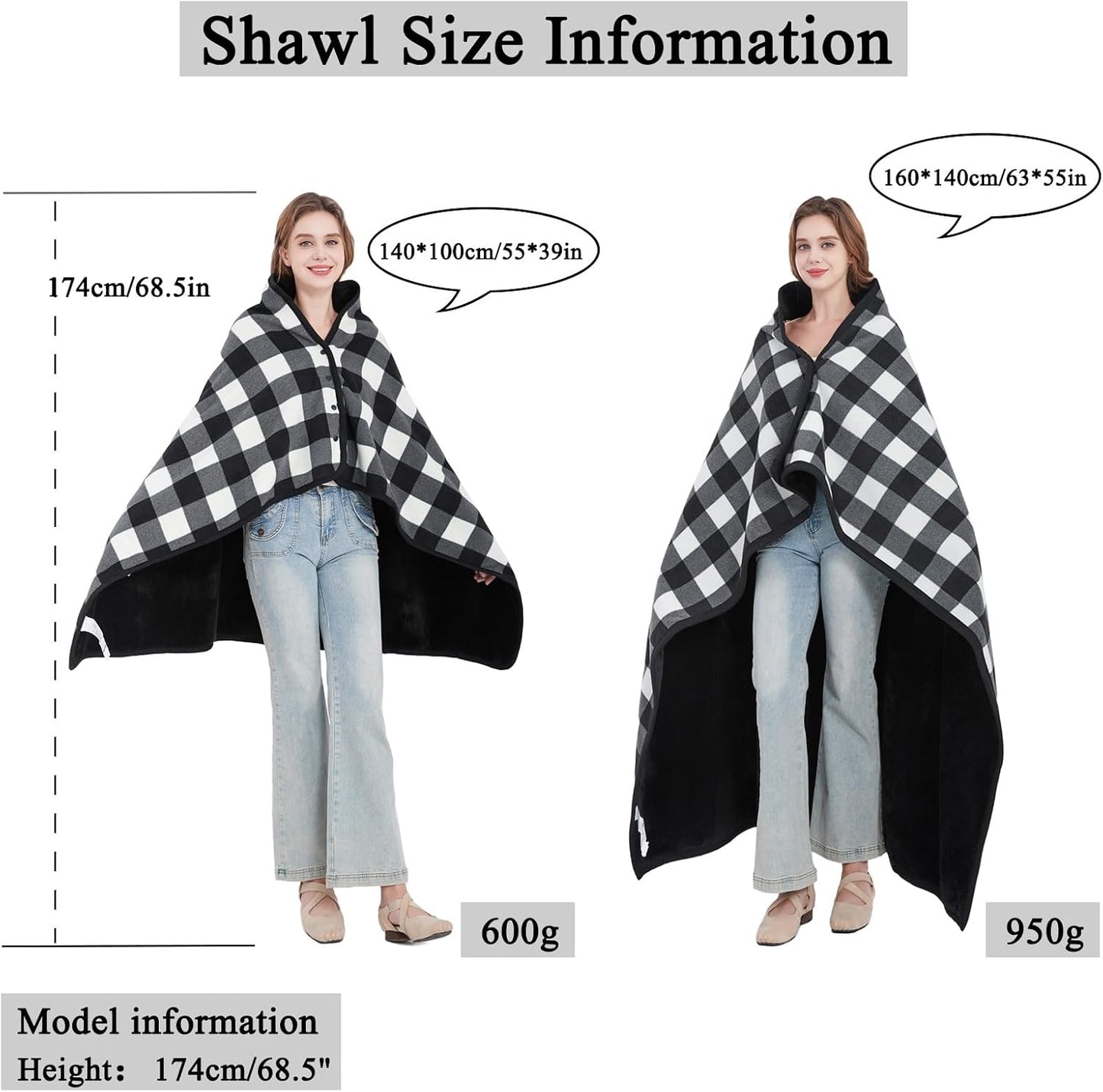 forestfish Fleece Wearable Blanket, Plaid Lap Blanket Comfy Poncho Throw with Buttons for Bed Sofa Office, Grey-White