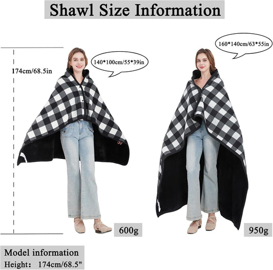 forestfish Fleece Wearable Blanket, Plaid Lap Blanket Comfy Poncho Throw with Buttons for Bed Sofa Office, Grey-White