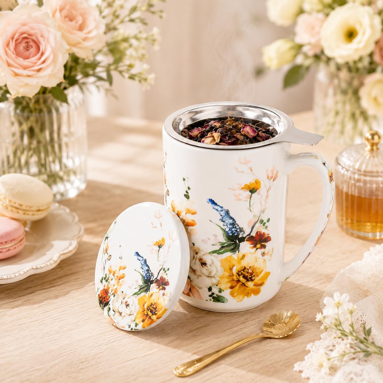 GBhome Tea Mug with Infuser and Lid, 18 Ounce Large Ceramic Loose Leaf Cup, Microwave, Dishwasher Safe, Perfect for Tea Lovers