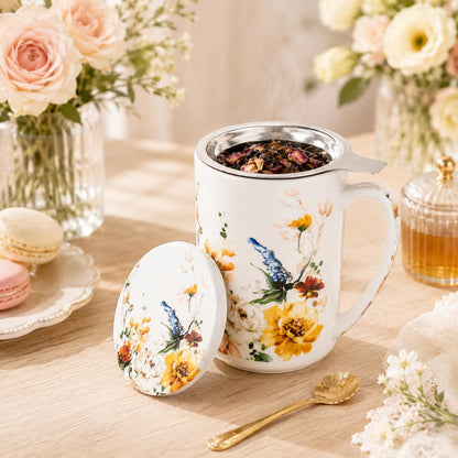 GBhome Tea Mug with Infuser and Lid, 18 Ounce Large Ceramic Loose Leaf Cup, Microwave, Dishwasher Safe, Perfect for Tea Lovers