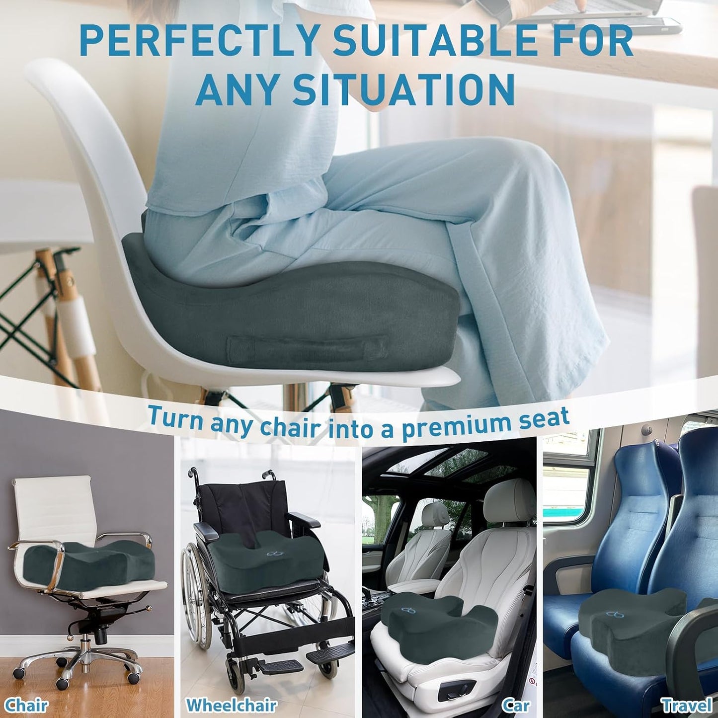 BlissTrends Seat Cushion with Velvet Cover, Thick Memory Foam Cushions for Office Chair, Car Seat, Airplane, Relieving Pressure Tailbone Sciatica Back Pain for Long Sitting, Car Drivers 4.7in Black