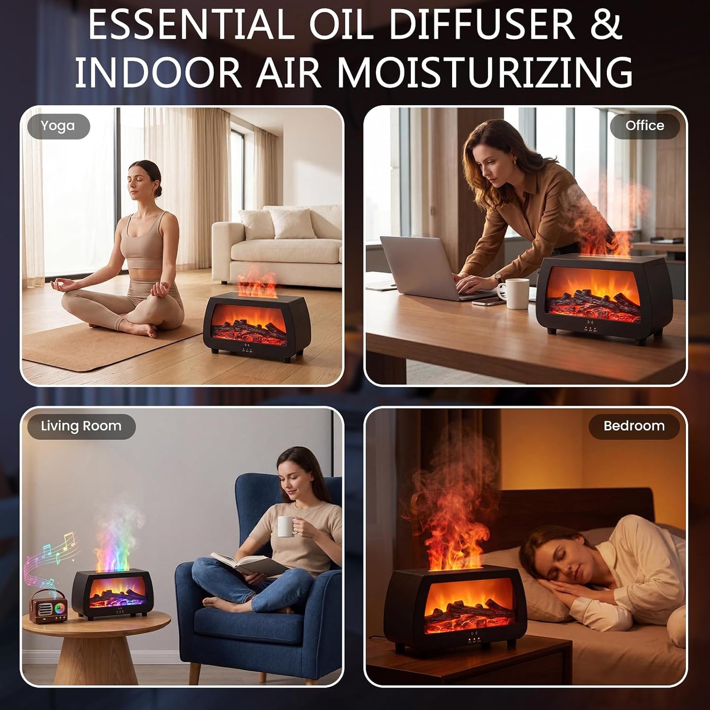 Simulated Fireplace Aroma Diffuser, 200mL Humidifier with Sound Pickup RGB Flame Lights, Timer & Remote Control, 7.5W Quiet Essential Oil Diffuser for Home, Bedroom, Office