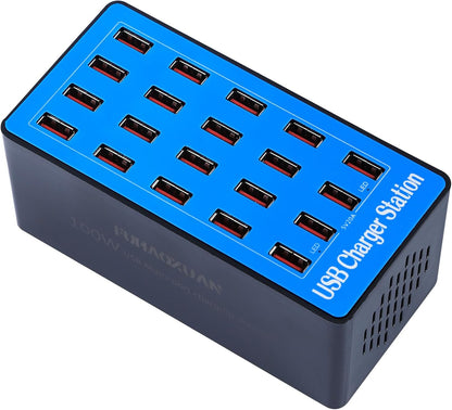 Charging Station, 100W 20-Port USB Multi Device Charger Hub with Intelligent Safety Features, Compact Power Strip for Phones, Watches, Pads, Speakers, Headphones & PS, Ideal for Home Office & Travel