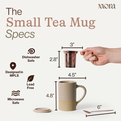 Mora Ceramics Tea Cup with Loose Leaf Infuser, Spoon and Lid, 12 oz, Microwave and Dishwasher Safe Coffee Mug - Rustic Matte Ceramic Glaze, Modern Herbal Tea Strainer - Great Gift for Women, Garnet