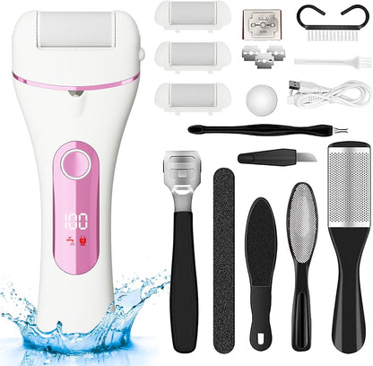 Electric Foot Callus Remover Rechargeable - 12 in 1 Pedicure Kit with 3 Rollers, Portable Foot File Scrubber for Dead Skin Removal, Waterproof & Painless, Home Foot Care Tool (5680-pink)