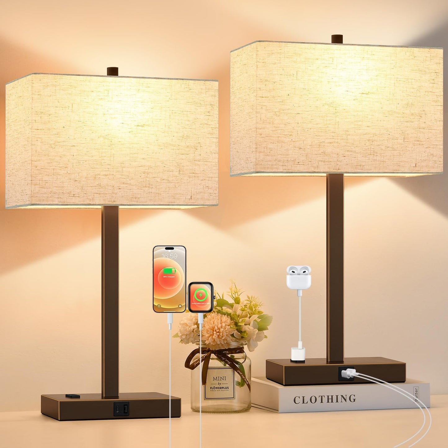 21" Touch Bedside lamps with 2 USB & AC Outlets, 3-Way Dimmable Bedside Table Lamps Set of 2 for Bedroom Living Room Office Reading, Gray Shade Lamps for Night Stands, 5000K LED Bulbs Included