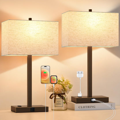 21" Touch Bedside lamps with 2 USB & AC Outlets, 3-Way Dimmable Bedside Table Lamps Set of 2 for Bedroom Living Room Office Reading, Gray Shade Lamps for Night Stands, 5000K LED Bulbs Included