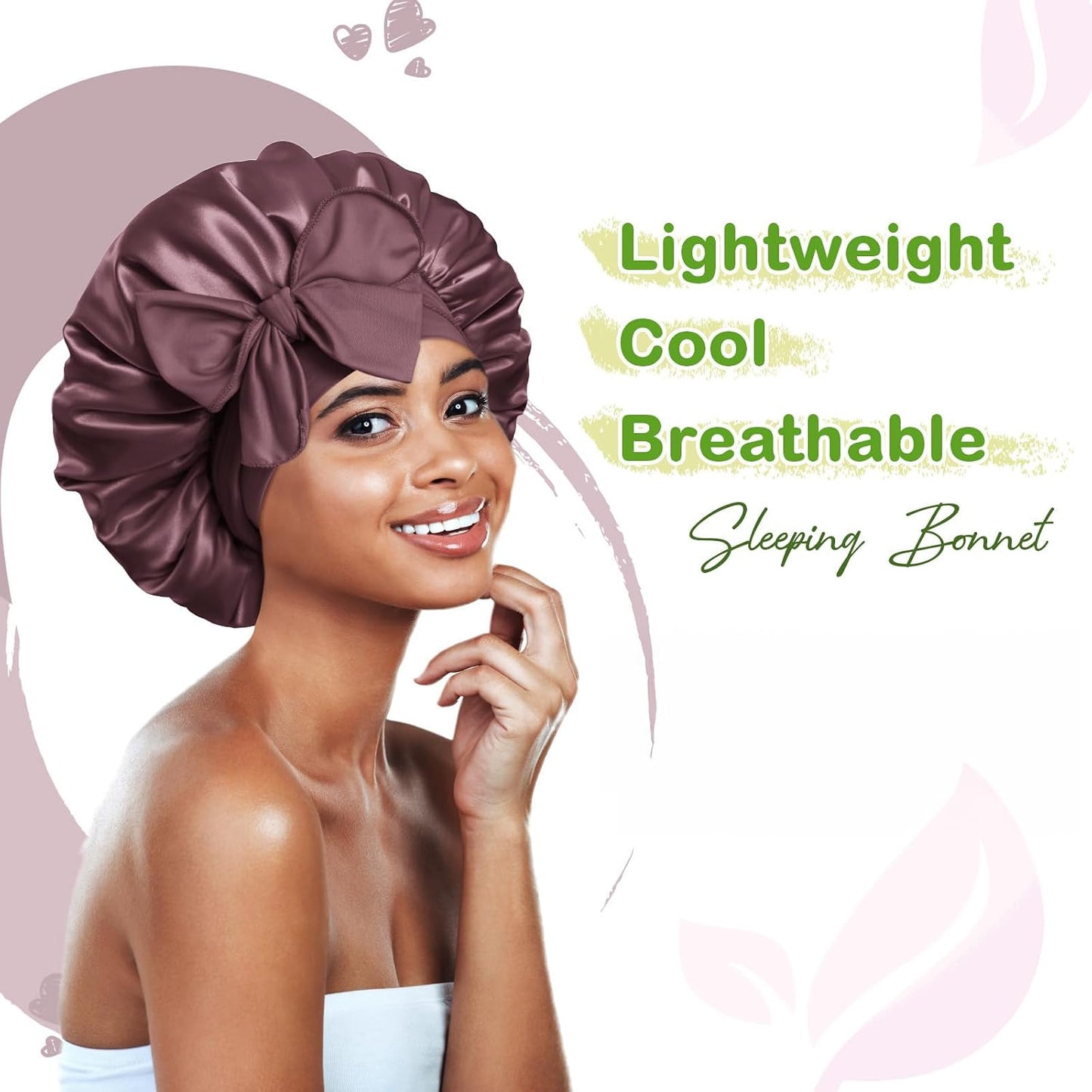 BONNET QUEEN Silk Bonnet for Sleeping for Women Satin Bonnet Night Cap for Curly Hair with Tie Band, Single Layer, Cream Pink