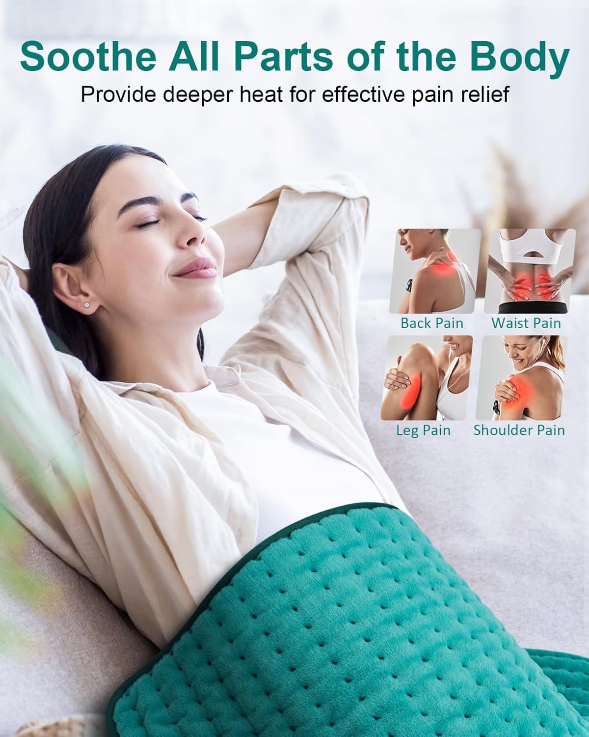 Heating Pad for Back & Period Cramps, Fathers Day Dad Gifts, Birthday Gifts for Women Mom, Electric Heating Pads for Abdomen/Waist/Shoulder, 12" x 24", 6 Heat Settings, 4 Auto-Off, Teal Green